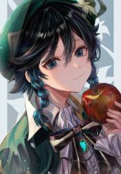 Rule 34 | 1boy, absurdres, apple, artist name, beret, black bow, black bowtie, black hair, blue eyes, blue gemstone, blue hair, border, bow, bowtie, braid, buttons, capelet, choco pai, closed mouth, collared shirt, fingernails, floral background, flower, food, frills, fruit, gem, genshin impact, gradient hair, green capelet, green hat, grey background, hair between eyes, hand up, hat, hat flower, highres, holding, holding food, holding fruit, leaf, leaf hat ornament, long sleeves, looking at viewer, male focus, multicolored hair, outside border, puffy long sleeves, puffy sleeves, shirt, short hair, smile, solo, striped bow, striped bowtie, striped clothes, twin braids, upper body, venti (genshin impact), white border, white flower, white shirt, yellow flower