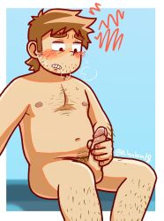 Rule 34 | 1boy, a-hem (a hemhem18), bara, beard stubble, belly, blush, brown hair, completely nude, erection, facial hair, feet out of frame, forked eyebrows, highres, leg hair, long sideburns, male focus, male masturbation, masturbation, nude, penis, scott pilgrim (series), scott pilgrim takes off, short hair, sideburns, sideways mouth, sitting, solo, sparse chest hair, stephen stills, stubble, thick eyebrows