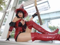 Rule 34 | arc system works, bare shoulders, boots, cosplay, guilty gear, guitar, hat, i-no, instrument, minami miki, photo (medium), thigh boots, thighhighs, witch hat