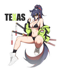 Rule 34 | 1girl, absurdres, animal ear fluff, animal ears, arknights, arm support, arm up, bare shoulders, bikini, black bikini, black choker, black gloves, black hair, black socks, breasts, character name, choker, cigarette, collarbone, commentary, covered erect nipples, cross-laced footwear, earrings, extra ears, fingerless gloves, frown, full body, gloves, green jacket, green nails, hair between eyes, halterneck, hanenosaki, highres, holding, holding cigarette, jacket, jewelry, katana, large breasts, long hair, multicolored clothes, multicolored hair, multicolored jacket, multiple scars, multiple swords, nail polish, navel, open clothes, open jacket, orange eyes, ponytail, purple hair, purple tail, red hair, red tail, scar, scar on arm, scar on breasts, scar on leg, shoes, sideboob, sidelocks, simple background, sitting, smoking, sneakers, socks, solo, spread legs, stomach, sunglasses, swimsuit, sword, tail, texas (arknights), thighs, two-tone hair, two-tone jacket, two-tone tail, underboob, very long hair, weapon, white background, white footwear, wolf ears, wolf girl, wolf tail
