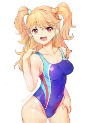 Rule 34 | 1girl, :d, aikatsu!, aikatsu! (series), blonde hair, blush, breasts, competition swimsuit, cosplay, idolmaster, idolmaster cinderella girls, idolmaster cinderella girls starlight stage, long hair, looking at viewer, medium breasts, natsuki mikuru, nitta minami, nitta minami (cosplay), one-piece swimsuit, open mouth, red eyes, voice actor connection, shovelwall, shovelwell, simple background, smile, solo, suzaki aya, swimsuit, two side up