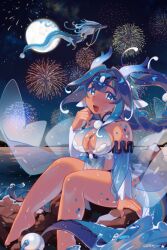 Rule 34 | 1girl, absurdres, artist name, barefoot, blue eyes, blue hair, braid, braided ponytail, breasts, cleavage, cleavage cutout, clothing cutout, commentary, constellor, detached sleeves, dragon, dragon girl, dragon horns, dragon tail, english commentary, fireworks, full moon, gradient hair, highres, horizon, horns, large breasts, moon, multicolored hair, night, night sky, ocean, original, signature, sitting, sky, solo, tail, white hair