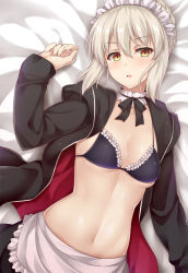 Rule 34 | 1girl, alternate costume, apron, artoria pendragon (all), artoria pendragon (alter swimsuit rider) (second ascension) (fate), artoria pendragon (fate), bikini, black jacket, blonde hair, blush, braid, breasts, cleavage, commentary request, fate/grand order, fate/stay night, fate (series), french braid, hair between eyes, highres, jacket, kuragari, long sleeves, looking at viewer, lying, maid, maid apron, maid bikini, maid headdress, medium breasts, navel, on back, saber alter, solo, swimsuit, unconventional maid, yellow eyes