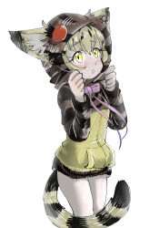 Rule 34 | 10s, 1girl, alternate costume, animal ears, bad id, bad pixiv id, bare legs, blonde hair, blush, bow, bowtie, cat ears, commentary request, cosplay, costume switch, cowboy shot, ears through headwear, gomu (21887144), hood, hoodie, kemono friends, multicolored hair, neck ribbon, ribbon, sand cat (kemono friends), short hair, snake print, solo, yellow eyes