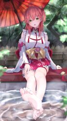 Rule 34 | 1girl, absurdres, ahoge, arm support, barefoot, bell, blurry, blurry background, blush, breasts, cherry blossoms, commentary request, depth of field, detached sleeves, fang, feet, fence, foreshortening, frills, full body, green eyes, hair bell, hair between eyes, hair ornament, hair ribbon, hand on own thigh, head tilt, highres, hinataaoi (iraiuketsukechuu), hololive, japanese clothes, kimono, leaf, legs, legs together, lens flare, long hair, long sleeves, medium breasts, nail polish, nontraditional miko, obi, oil-paper umbrella, one side up, open mouth, outdoors, pink hair, pink nails, pleated skirt, print skirt, red ribbon, red skirt, ribbon, ripples, sakura miko, sakura miko (1st costume), sash, shadow, shiny skin, side ponytail, sidelocks, sitting, skin fang, skirt, soaking feet, soles, solo, spread toes, thigh strap, thighs, toenail polish, toenails, toes, tree, umbrella, virtual youtuber, water, white kimono, wide sleeves, x hair ornament, yellow sash