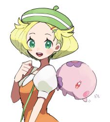Rule 34 | 1girl, :d, beret, bianca (pokemon), blonde hair, blush stickers, creatures (company), eneko (olavcnkrpucl16a), eyelashes, game freak, gen 5 pokemon, green eyes, green headwear, hair ornament, hairclip, hand up, hat, highres, munna, nintendo, open mouth, orange vest, pokemon, pokemon (creature), pokemon bw, shirt, short hair, short sleeves, simple background, smile, strap, teeth, upper teeth only, vest, white background, white shirt