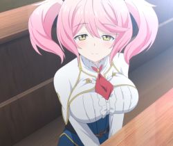 Rule 34 | 10s, 1girl, blush, breasts, classroom, female focus, large breasts, looking at viewer, necktie, philuffy aingram, pink hair, saijaku muhai no bahamut, school, school uniform, short hair, short twintails, solo, twintails, yellow eyes