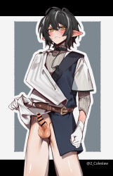 Rule 34 | 1boy, arknights, bar censor, black hair, blush, bottomless, censored, clothes lift, erection, gloves, grey background, highres, infection monitor (arknights), jacket, jacket lift, letterboxed, long sleeves, looking at viewer, male focus, minimalist (arknights), mirin chikuwa, multicolored hair, nervous sweating, outside border, penis, pointy ears, precum, short hair, simple background, solo, streaked hair, sweat, testicles, trap, twitter username, two-tone background, white gloves, white hair, yellow eyes