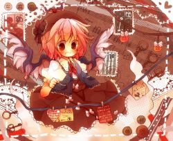 Rule 34 | 1girl, bad id, bad pixiv id, blush, brown eyes, buttons, dress, female focus, hat, key, letter, musical note, mystia lorelei, nanahamu, pink hair, postage stamp, short hair, solo, stamp, touhou, vest, wings