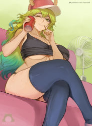Rule 34 | 1girl, ;), areola slip, artist logo, artist name, baseball cap, blue hair, breasts, can, cleavage, clothes lift, couch, crossed legs, dragon girl, dragon horns, drink, electric fan, gradient hair, green background, green hair, hand on own cheek, hand on own face, hat, holding, holding can, holding drink, horns, huge breasts, indoors, kobayashi-san chi no maidragon, light blush, long hair, looking at viewer, lucoa (maidragon), multicolored hair, nextoad, no pants, one eye closed, panties, patreon logo, patreon username, pink hat, shadow, shirt, shirt lift, sitting, smile, solo, sweat, tank top, thighhighs, underboob, underwear, yellow pupils