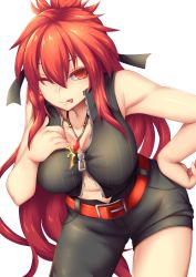 Rule 34 | 1girl, ;p, asymmetrical clothes, asymmetrical legwear, bare shoulders, blazing heart (elsword), breasts, cleavage, elesis (elsword), elsword, fi-san, highres, large breasts, leaning forward, long hair, looking at viewer, one eye closed, red eyes, red hair, simple background, solo, tongue, tongue out, transparent background, uneven legwear
