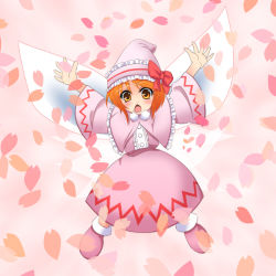 Rule 34 | 1girl, ankle boots, arms up, boots, brown eyes, cherry blossoms, dress, fairy, fairy wings, female focus, full body, fur trim, lily white, long sleeves, looking at viewer, orange hair, petals, pink background, pink dress, short hair, simple background, solo, touhou, wapokichi, wings