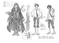 Rule 34 | 1boy, character sheet, formal, full body, hat, highres, holding, holding weapon, monkey d. luffy, monochrome, multiple views, official art, one piece, one piece: strong world, short hair, straw hat, suit, translation request, weapon