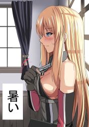 Rule 34 | 10s, 1girl, bare shoulders, bismarck (kancolle), blonde hair, blue eyes, blush, breasts, brown gloves, cleavage, closed mouth, clothes pull, detached sleeves, from side, gloves, indoors, kantai collection, long hair, medium breasts, military, military uniform, no bra, no headwear, no headwear, profile, pulling own clothes, shiseki hirame, sideboob, sidelocks, solo, sunlight, sweat, translation request, uniform, upper body