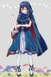 Rule 34 | 1girl, alternate costume, alternate hairstyle, ameno (a meno0), basket, black footwear, black ribbon, blue cape, blue dress, blue eyes, blue hair, braid, cape, closed mouth, commentary, cosplay, dress, fire emblem, fire emblem awakening, flower, full body, hair ribbon, halloween, halloween costume, holding, holding basket, hood, hood up, hooded cape, little red riding hood (grimm), little red riding hood (grimm) (cosplay), long hair, looking at viewer, lucina (fire emblem), mixed-language commentary, nintendo, pantyhose, ribbon, sleeveless, sleeveless dress, smile, solo, twin braids, white pantyhose, yellow flower