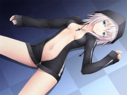 Rule 34 | 1girl, bad id, bad pixiv id, blue eyes, bottomless, breasts, cleavage, cross, female focus, hood, hoodie, jewelry, kyoeiki, lying, naked hoodie, navel, necklace, on back, open clothes, open mouth, original, short hair, sleeves past wrists, solo, white hair, zipper