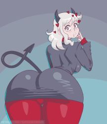 Rule 34 | animated, animated gif, ass, ass focus, ass shake, black horns, black jacket, black skirt, black tail, blazer, breasts, demon tail, drooling, helltaker, highres, horns, huge ass, jacket, large breasts, medium hair, modeus (helltaker), office lady, pantyhose, red legwear, saliva, skirt, supersatanson, tail, thick thighs, thighs, white hair