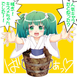 Rule 34 | 1girl, blush, bucket, female focus, green eyes, green hair, hair bobbles, hair ornament, in bucket, in container, kairakuen umenoka, kisume, long sleeves, matching hair/eyes, meme, open mouth, outstretched arms, short hair, solo, text focus, too bad! it was just me! (meme), touhou, translated, twintails, wide sleeves