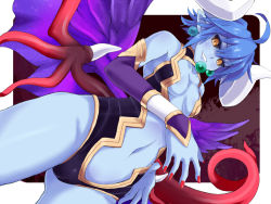 Rule 34 | 1girl, ahoge, black sclera, blue hair, blue skin, breasts, center opening, colored sclera, colored skin, demon wings, looking at viewer, nail polish, navel, nyarla, pointy ears, shinrabanshou, small breasts, smile, solo, tail, wings, yude