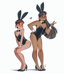 Rule 34 | 2girls, animal ears, bare shoulders, black bow, black bowtie, black footwear, black hair, black leotard, blush, bow, bowtie, brown hair, commentary, dark-skinned female, dark skin, detached collar, earrings, english commentary, fake animal ears, friedbaens, full body, hairband, hand on back, hands on own knees, heart, high heels, highres, jewelry, leotard, long hair, looking at another, looking at viewer, multiple girls, original, playboy bunny, short hair, signature, simple background, smile, standing, strapless, strapless leotard, triangle earrings, v, white background, wrist cuffs