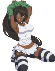Rule 34 | 1girl, absurdres, arms behind head, arms up, artist name, bike shorts, black hair, black thighhighs, blush, breasts, chuunioniika, cleavage, commission, dark-skinned female, dark skin, highres, large breasts, long hair, looking at viewer, open mouth, original, red eyes, seiza, sitting, skirt, smile, solo, striped clothes, striped thighhighs, tank top, teeth, thighhighs, transparent background, twitter username, undressing, upper teeth only, very long hair, white skirt, white thighhighs