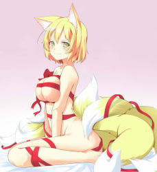 Rule 34 | 1girl, animal ears, blonde hair, blush, breasts, breasts squeezed together, collarbone, female focus, fox ears, fox tail, gift wrapping, gradient background, jpeg artifacts, kitsunetsu (rcu be1s), large breasts, looking at viewer, multiple tails, naked ribbon, navel, ribbon, short hair, sitting, skindentation, smile, solo, tail, touhou, v arms, wariza, yakumo ran, yellow eyes