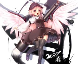 Rule 34 | 1girl, ayagi daifuku, black thighhighs, blush, breasts, brown dress, calligraphy brush, dress, fang, juliet sleeves, loafers, long sleeves, mystia lorelei, open mouth, paintbrush, pink eyes, pink hair, puffy sleeves, shoes, small breasts, solo, thigh gap, thighhighs, touhou, wide sleeves, wings, zettai ryouiki