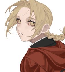 Rule 34 | 1boy, absurdres, black jacket, blonde hair, braid, braided ponytail, cbow, coat, edward elric, eyelashes, floating hair, from side, fullmetal alchemist, hair between eyes, highres, hood, hood down, hooded coat, jacket, long hair, looking at viewer, looking to the side, male focus, parted bangs, parted lips, portrait, red coat, simple background, single braid, solo, white background, yellow eyes