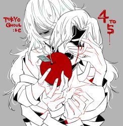 Rule 34 | 2girls, apple, awara kayu, bare shoulders, blood, bloody tears, collarbone, commentary request, copyright name, eto (tokyo ghoul), food, fruit, grey background, hand on another&#039;s face, holding, holding food, holding fruit, kanae von rosewald, large hands, long hair, multiple girls, open mouth, short hair, simple background, spoilers, tokyo ghoul, tokyo ghoul:re