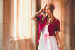 Rule 34 | 1girl, aerith gainsborough, aerith gainsborough (cosplay), breasts, briana white, brown hair, cosplay, final fantasy, final fantasy vii, final fantasy vii remake, green eyes, photo (medium), smile, square enix, voice actor connection