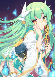 Rule 34 | 1girl, blush, breasts, dragon girl, dragon horns, fate/grand order, fate (series), green hair, hair ribbon, hand fan, hand on own cheek, hand on own face, heart, heart-shaped pupils, highres, holding, holding fan, horns, japanese clothes, kiyohime (fate), leaning forward, long hair, looking at viewer, medium breasts, ribbon, sash, smile, solo, symbol-shaped pupils, thighhighs, toko yoshi, twintails, white thighhighs, yellow eyes