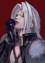 Rule 34 | 1boy, absurdres, apple, armor, black coat, black gloves, chest strap, coat, final fantasy, final fantasy vii, food, fruit, gloves, green eyes, grey hair, hand up, head back, high collar, highres, holding, holding food, holding fruit, imminent bite, light smile, long bangs, long hair, long sleeves, male focus, parted bangs, parted lips, pauldrons, red background, sekiyu 0h, sephiroth, shoulder armor, signature, simple background, slit pupils, solo, upper body