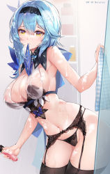 Rule 34 | 1girl, areola slip, armpits, bare arms, bare shoulders, black panties, black thighhighs, blue hair, blue necktie, breasts, cleavage, contrapposto, eula (genshin impact), garter belt, genshin impact, hairband, highres, holding, large breasts, lingerie, long hair, looking at viewer, melailai, mouth hold, navel, necktie, panties, panties over garter belt, parted lips, showering, skindentation, solo, standing, stomach, string panties, thighhighs, thighs, underwear, underwear only, water, wet, wet clothes, yellow eyes
