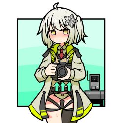 Rule 34 | 1girl, ahoge, arknights, arrow (symbol), black skirt, black thighhighs, blush, bow, bow panties, brown jacket, brown panties, brown vest, camera, closed mouth, clothes lift, collared shirt, grey hair, highres, holding, holding camera, jacket, lens (arknights), long sleeves, looking at viewer, nankyoku arikui, necktie, one side up, open clothes, open jacket, panties, pleated skirt, red necktie, robot, scene (arknights), shirt, single thighhigh, skirt, skirt lift, sweat, thighhighs, underwear, vest, white shirt, yellow eyes