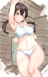 Rule 34 | 1girl, absurdres, anemone (anemone-re), blush, bra, breasts, brown eyes, brown hair, cameltoe, gertrud barkhorn, highres, large breasts, looking at viewer, navel, open mouth, panties, solo, sports bra, strike witches, twintails, underwear, white bra, white panties, world witches series