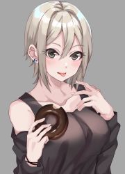 Rule 34 | 1girl, :p, bare shoulders, blonde hair, blush, breasts, collarbone, detached sleeves, doughnut, earrings, eyelashes, food, grey background, hair between eyes, hamu (plot sy), highres, holding, holding food, idolmaster, idolmaster cinderella girls, jewelry, large breasts, long sleeves, looking at viewer, shiomi syuko, short hair, simple background, smile, solo, stud earrings, tank top, tongue, tongue out, upper body, wristband