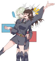 Rule 34 | 2girls, arm up, belt, black footwear, black robe, blue eyes, boots, brown hair, closed eyes, commentary, corrupted twitter file, diana cavendish, feet out of frame, green hair, highres, holding hands, interlocked fingers, kagari atsuko, knee boots, little witch academia, long hair, molu stranger, multiple girls, notice lines, open mouth, parted lips, robe, smile, sparkle, standing, standing on one leg, symbol-only commentary, topknot, white background, yuri
