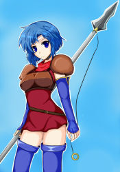 Rule 34 | 1girl, armor, bare shoulders, blue background, blue eyes, blue hair, catria (fire emblem), elbow gloves, fingerless gloves, fire emblem, fire emblem: mystery of the emblem, fire emblem: new mystery of the emblem, fire emblem: shadow dragon, fire emblem: shadow dragon and the blade of light, fire emblem awakening, gloves, headband, holding, holding weapon, looking at viewer, nintendo, polearm, simple background, smile, solo, spear, weapon