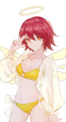 Rule 34 | 1girl, absurdres, arknights, bikini, blush, breasts, cleavage, closed mouth, collarbone, cowboy shot, cropped jacket, detached wings, energy wings, exusiai (arknights), halo, highres, jacket, long sleeves, looking at viewer, medium breasts, navel, nekonomi, open clothes, open jacket, orange eyes, polka dot, polka dot jacket, puffy long sleeves, puffy sleeves, red hair, see-through, short hair, simple background, smile, solo, stomach, swimsuit, white background, wings, yellow bikini