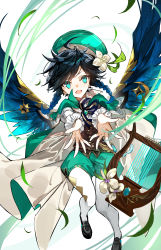 Rule 34 | 1boy, :d, absurdres, black footwear, black hair, blue hair, capelet, collared capelet, commentary, fake wings, flower, full body, genshin impact, gradient hair, green capelet, green eyes, green hat, green shorts, hat, hat flower, highres, huge filesize, leaf, loafers, looking at viewer, lyre, male focus, multicolored hair, multicolored wings, mura karuki, open mouth, outstretched hand, pantyhose, shoes, shorts, simple background, smile, solo, venti (genshin impact), vision (genshin impact), white background, white flower, white pantyhose, wings