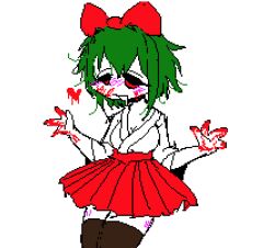 Rule 34 | blood, blood on face, blood on hands, blush, bow, drooling, green eyes, green hair, gumi, japanese clothes, kimono, mai shishikusa, masa works design, onibi, onibi series, pixel art, red bow, thighhighs, vocaloid