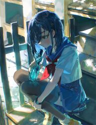 Rule 34 | 1girl, black thighhighs, blue hair, blue sailor collar, blue skirt, blush, bob cut, bottle, brown eyes, chromatic aberration, commentary, day, fence, flip flappers, foot out of frame, hair ornament, hairclip, hand on own leg, hand up, highres, holding, holding bottle, knees up, kokomine cocona, looking away, neckerchief, on stairs, outdoors, parted lips, pleated skirt, quasarcake, ramune, red neckerchief, sailor collar, school uniform, serafuku, shirt, shoes, short hair, short sleeves, sitting, sitting on stairs, skirt, sneakers, solo, stairs, thighhighs, watch, white shirt, wooden fence, wristwatch, yellow footwear, zettai ryouiki