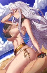 Rule 34 | 1girl, afterimage, bad id, bad pixiv id, beach, bikini, black bikini, black gloves, blush, breasts, cloud, cloudy sky, covered erect nipples, cowgirl position, day, girl on top, gloves, hand in own hair, implied sex, large breasts, long hair, motion lines, nt00, ocean, profile, red eyes, selvaria bles, senjou no valkyria (series), sex, side-tie bikini bottom, sideboob, silver hair, sky, solo focus, straddling, string bikini, sweat, swimsuit