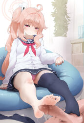 Rule 34 | 1boy, 1girl, absurdres, ahoge, bean bag chair, blue archive, blue sailor collar, buttons, censored, expressionless, feet, footjob, hair ornament, halo, hetero, highres, indoors, jitome, long sleeves, mosaic censoring, nadayui, natsu (blue archive), neckerchief, no shoes, panties, pantyshot, penis, pink eyes, pink hair, pink panties, pleated skirt, red neckerchief, sailor collar, school uniform, serafuku, side ponytail, single thighhigh, skirt, sleeves past wrists, unworn socks, soles, thighhighs, toes, two-footed footjob, underwear
