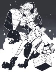 Rule 34 | 1girl, :&lt;, abyssal ship, bandaged leg, bandages, boots, braid, closed mouth, crate, dowman sayman, drum (container), glasses, greyscale, headphones, kantai collection, long hair, monochrome, power fist, saliva, single braid, solo, supply depot princess, teeth, very long hair