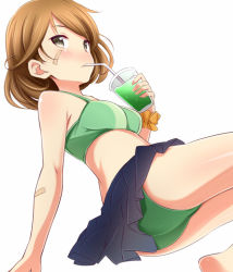 Rule 34 | 10s, 1girl, ass, bad id, bad pixiv id, bandaid, bandaid on face, bikini, bikini under clothes, blush, drink, glass, kantai collection, looking at viewer, oboro (kancolle), orange hair, short hair, skirt, solo, swimsuit, swimsuit under clothes, yuzu tama