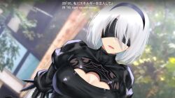 Rule 34 | 1boy, 1girl, 2b (nier:automata), animated, black thighhighs, blue eyes, bouncing breasts, breasts, censored, cleavage, closed eyes, consome2021, cum, cum in pussy, cumdrip, english text, girl on top, hetero, highres, houriigurei, japanese text, live2d, medium breasts, mole, mole under mouth, mosaic censoring, nier:automata, nier (series), nipples, short hair, spread legs, tagme, thighhighs, tongue, tongue out, vaginal, video, white hair