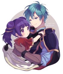 Rule 34 | 1boy, 1girl, bad id, bad twitter id, blue eyes, blush, brown gloves, closed mouth, dated, dragon wings, ephraim (fire emblem), fire emblem, fire emblem: the sacred stones, gloves, green hair, highres, multi-tied hair, myrrh (fire emblem), nintendo, parted lips, purple hair, red eyes, short hair, smile, tokika asr, twintails, twitter username, upper body, wings