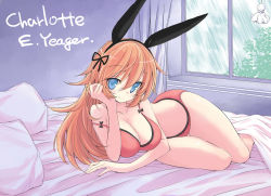 Rule 34 | 1girl, :3, animal ears, blanket, blue eyes, bra, breasts, charlotte e. yeager, cleavage, hair ribbon, highres, kumakou, large breasts, lingerie, long hair, looking at viewer, lying, off shoulder, orange hair, panties, pillow, rabbit ears, rabbit girl, rain, ribbon, solo, strike witches, teruterubouzu, underwear, underwear only, world witches series