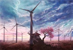Rule 34 | cherry blossoms, cloud, cola (gotouryouta), grass, highres, original, petals, ruins, scenery, sky, tree, wind turbine, windmill